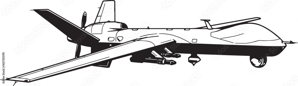 Obraz premium Stylized illustration of a military drone, black and white, isol