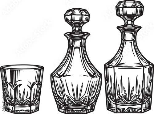 Detailed black and white illustration of crystal decanters and g