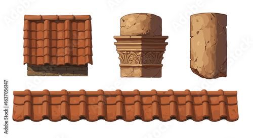 Red terracotta roof tiles and architectural details in flat design, white background, isolated, vector  