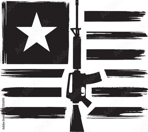 Stylized US Flag with Assault Rifle in Sumi-e Ink Style for Patr
