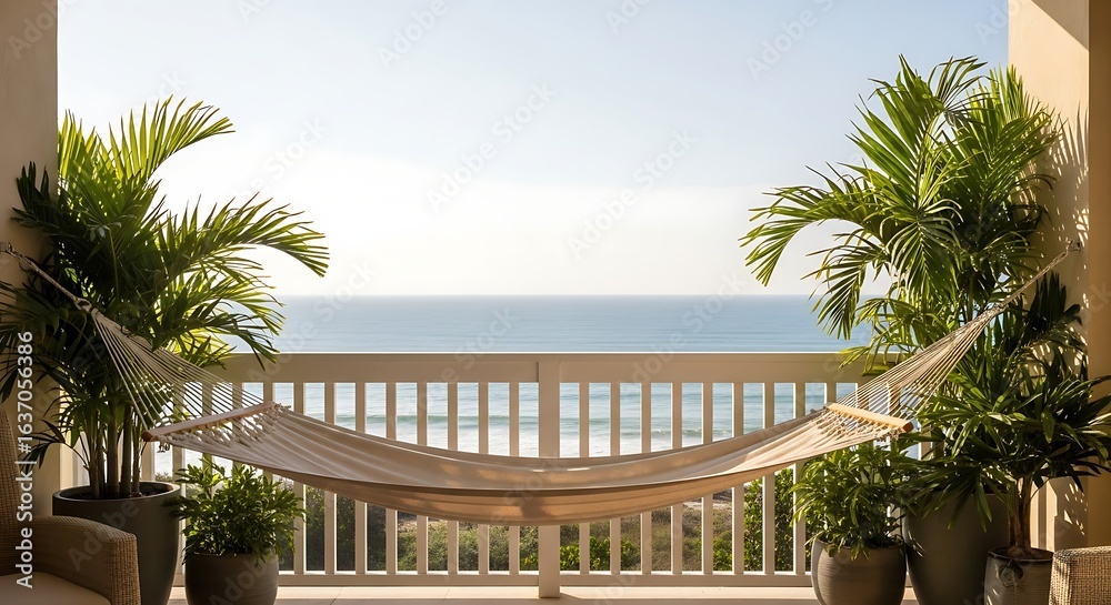 Fototapeta premium Beachfront Balcony with Hammock and Ocean View