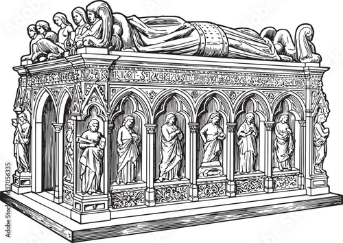 Intricate Black and White Woodcut Illustration of a Renaissance