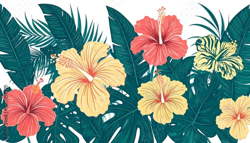 Tropical hibiscus flowers and leaves