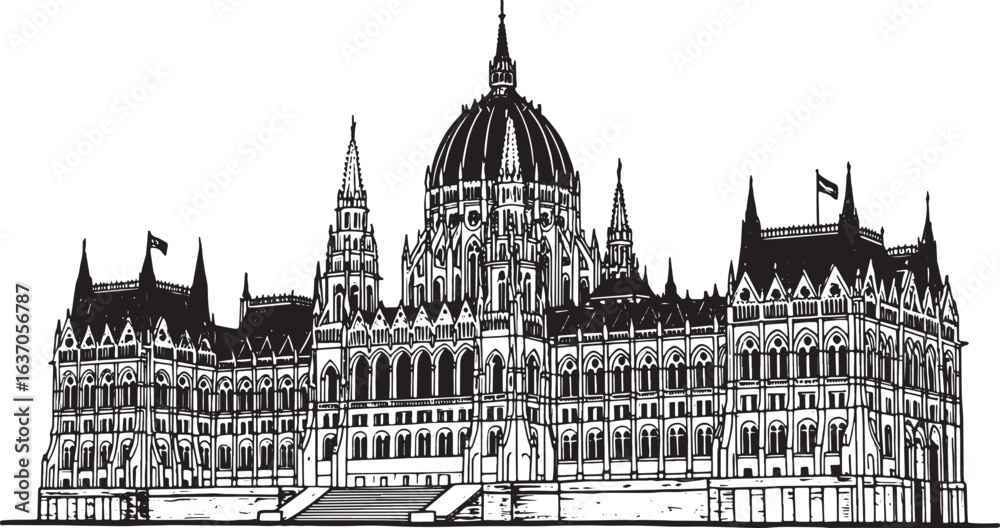 Obraz premium Detailed woodcut drawing of the Hungarian Parliament Building in