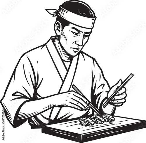 Detailed Woodcut Illustration of Sushi Chef Preparing Nigiri wit