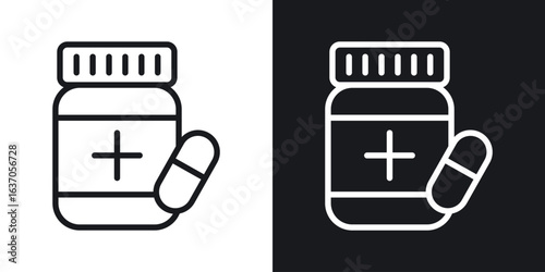 Pill bottle icon thin line outline art. Doodle graphics