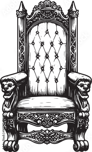 Ornate Woodcut Throne Illustration: Majestic Seat of Power in Bl