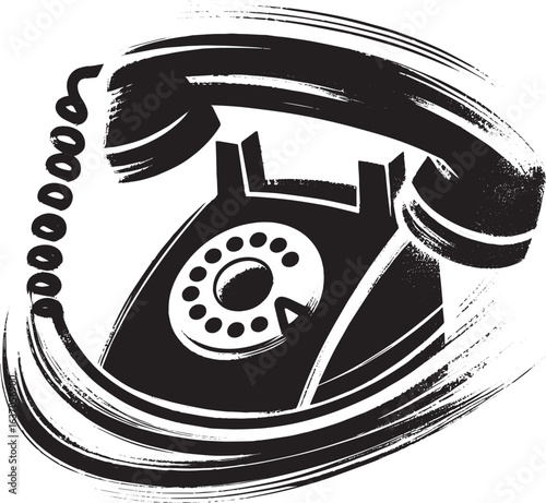 Monochromatic retro rotary telephone icon crafted with sumi-e br