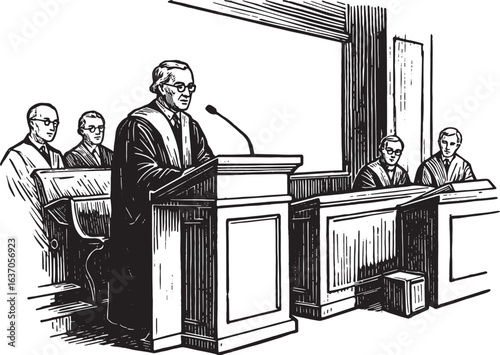 Monochrome depiction of a lecture or legal setting with figures