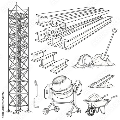 Various construction site elements like scaffolding, steel beams, a cement mixer, and tools are presented in a detailed, isolated line art drawing.