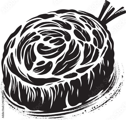 Minimalist sumi-e style depiction of Beef Wellington with expres
