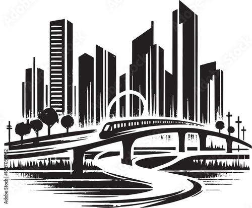 Minimalist urban cityscape illustration with elevated train and