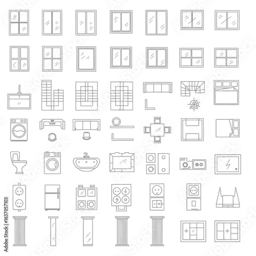 A collection of various architectural and interior design elements, including windows, furniture, appliances, and electrical outlets, presented in a clean, minimalist line art style.
