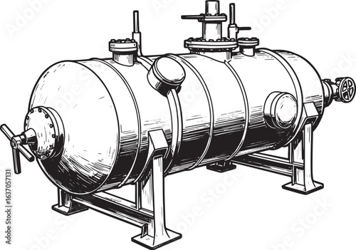 Detailed Black and White Illustration of Industrial Reflux Drum