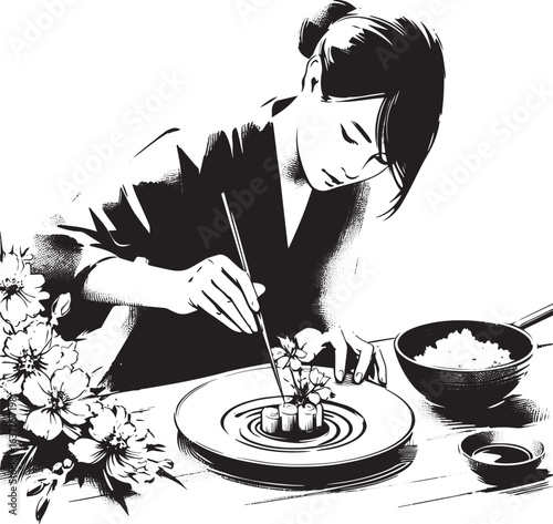 Woman creating artistic food plating in black and white minimali