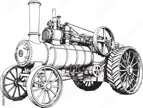 Vintage Steam Traction Engine Engraving Detailed Black and White