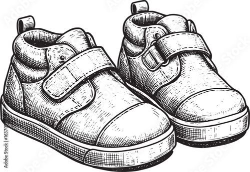 Detailed Woodcut Illustration of Children's High-Top Sneakers on