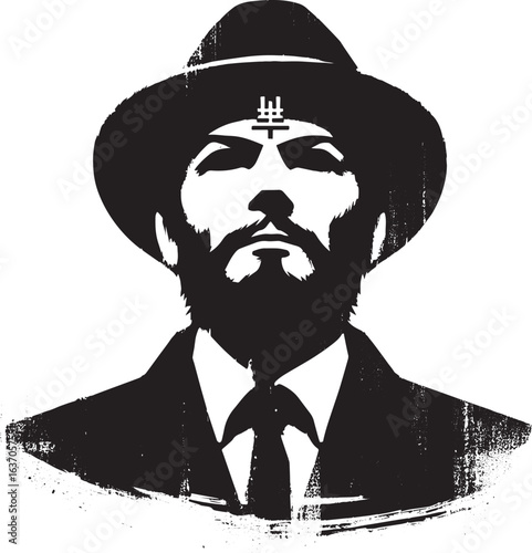 Monochrome Mystique: Sumi-e Portrait of a Leader with Symbolic M