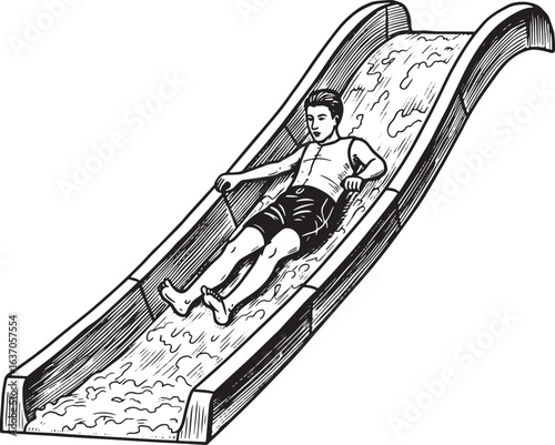 Monochrome rendition of a boy enjoying a water slide adventure c