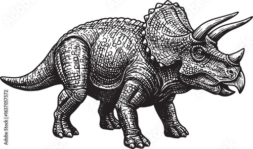 Engraved Triceratops Illustration: A Prehistoric Woodcut Style o