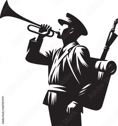 Vintage styled illustration of a figure announcing arrival with