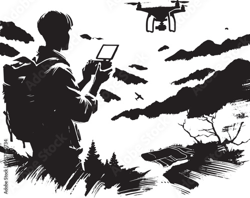 Ink wash illustration of drone operator capturing misty valley v