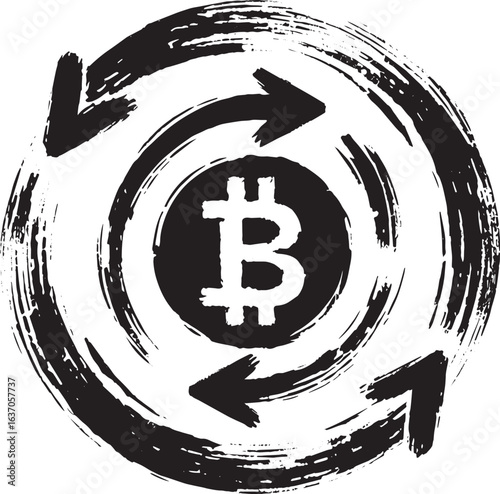 Abstract Bitcoin Exchange Symbol in Sumi-e Style, Circular Arrow
