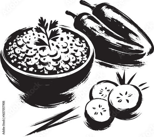 Elegant sumi-e illustration showcasing tabbouleh salad with fres