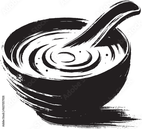 Elegant sumi-e depiction of soup with spoon, minimalist food ill