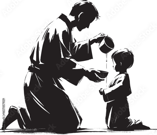 Sumi-e Style: Father anointing his child with purified water in