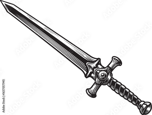 Elegant Sword Illustration in Black and White with Detailed Hilt