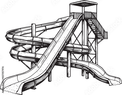 Black and White Woodcut Illustration of an Isolated Water Slide