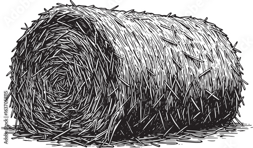 Detailed Woodcut Illustration of a Hay Bale with Intricate Hatch