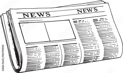 Folded Newspaper with Text NEWS in a Woodcut Style Black and Whi