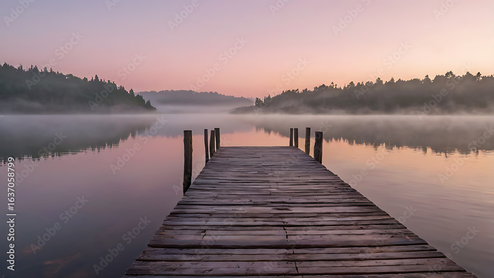 Fototapeta premium 3D image Tranquil Lake Beauty at Sunrise or Sunset – Wooden Dock, Misty Reflections, and Forest Surroundings Create a Peaceful Nature Escape with Soft Sky Colors and Calm Waters for Scenic Travel.