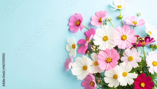 Colorful bouquet of pink, white, purple, and red flowers with yellow centers, arranged against a soft light blue background."