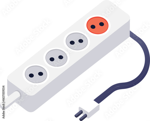 Isometric illustration of a white power strip with multiple outlets and a plug