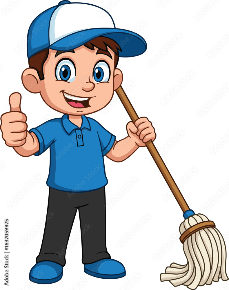 Cartoon boy character with mop, happy cleaner kid, thumbs up pose, blue outfit, cleaning concept, vector art, child illustration Cartoon boy character with mop, happy cleaner kid, thumbs up pose, blue outfit, cleaning concept, vector art, child illustration