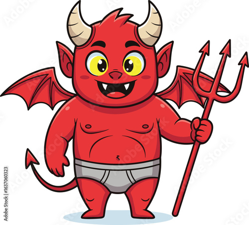 Cartoon red devil character, yellow eyes, bat wings, trident, grey underwear, cute style, vector illustration, playful Halloween theme