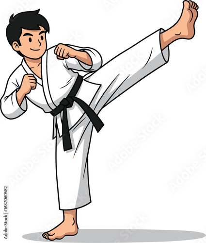 Karate cartoon character, high kick pose, white gi, black belt, martial arts move, barefoot fighter, vector illustration, action pose