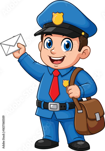 Cartoon mail carrier character, blue uniform, red tie, envelope in hand, brown mailbag, postal service theme, vector illustration