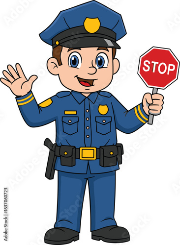 Cartoon police officer character, blue uniform, stop sign in hand, smiling traffic cop, child-friendly illustration, vector art, safety concept