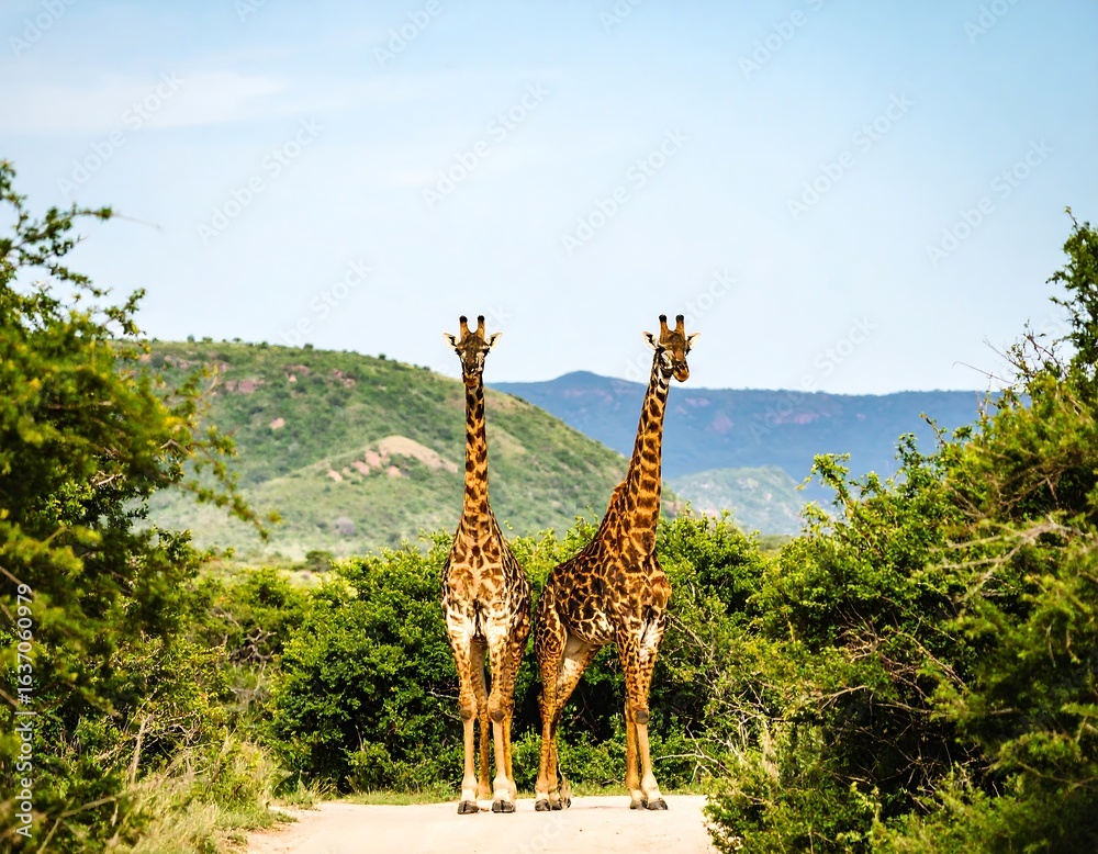 Fototapeta premium Two giraffes on a safari path