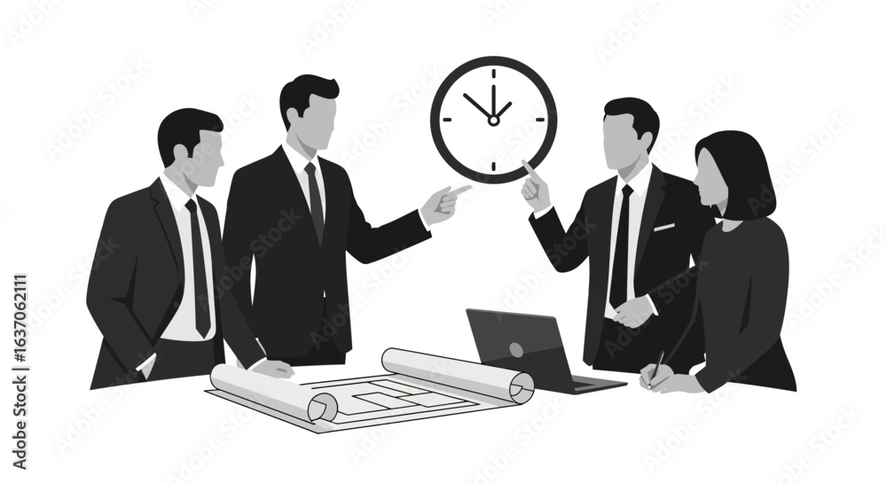 Fototapeta premium Four Business Professionals Reviewing Architectural Plans, Time Management Meeting