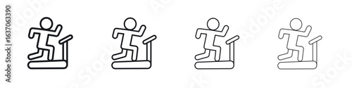 Treadmill icons big set. Simple black stroke line versions collection