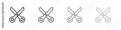 Scissors icons big set. Simple black stroke line versions collection