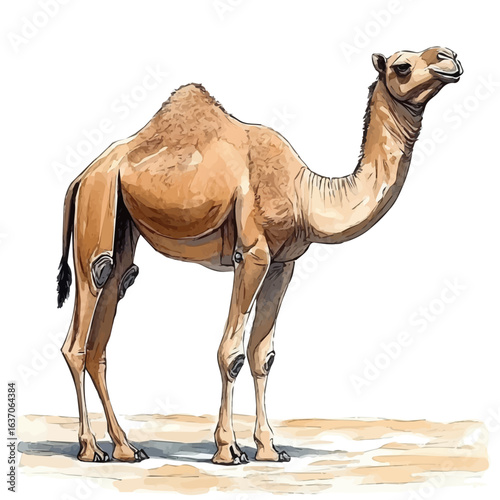 Dromedary Camel, watercolor painting vector, isolated on a white background.