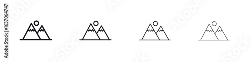 Mountain icons big set. Simple black stroke line versions collection