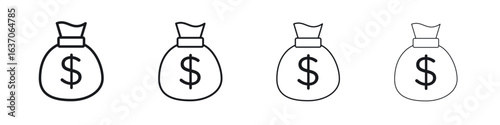 Money bag icons big set. Simple black stroke line versions collection