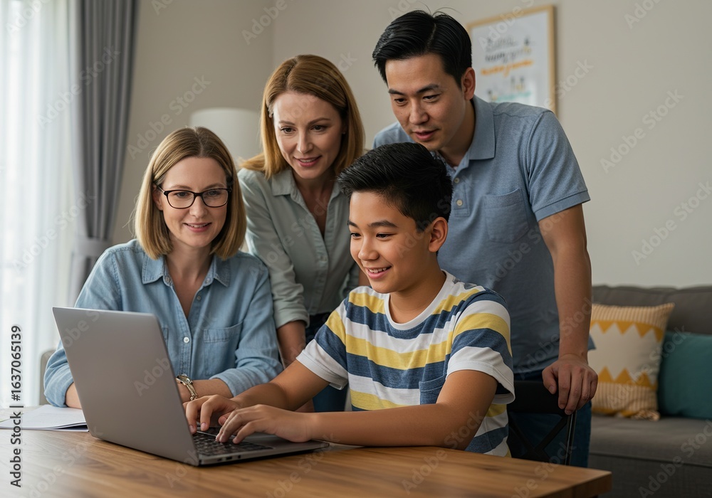 Happy multiracial family gathered around a laptop, with parents proudly supporting their son's online education and homework. Happy multiracial family gathered around a laptop, with parents proudly supporting their son's online education and homework.